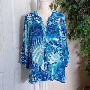 LIKE NEW! Foxcroft NYC Tropical Button Down Tunic Top No Collar Size 12
